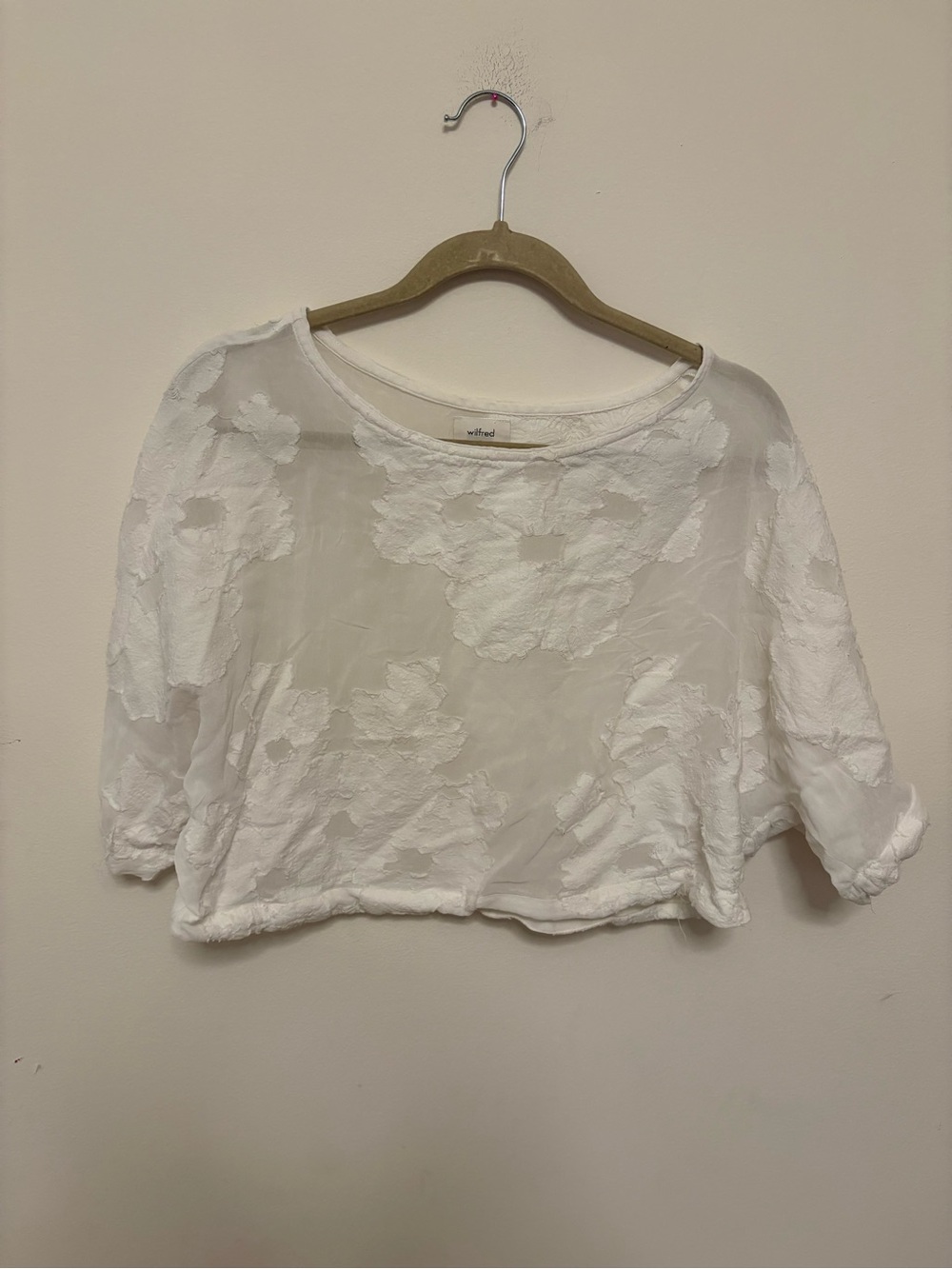 Wilfred Aritzia White Floral Burnout Cropped Blouse Sheer Boxy Short Sleeve S